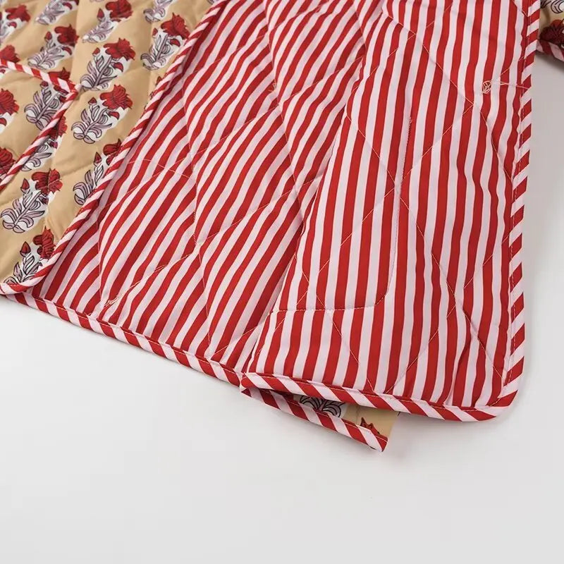 Autumn Winter Totem Flower Striped Print Tie Bow Sashes Quilted Reversible Coat Women Quilting Full Sleeve Loose Jacket