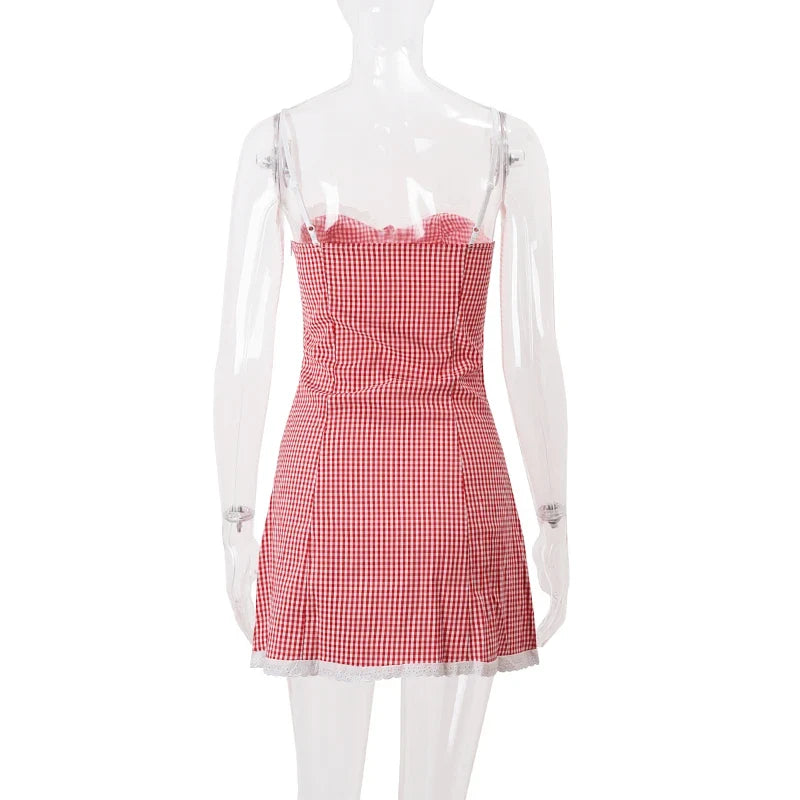 Women's Red Plaid Dress Vintage Sleeveless Off Shoulder Mini Dresses Y2k Elegant One Piece Frocks 2000s Coquette Clothes Summer