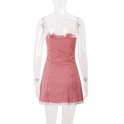 Women's Red Plaid Dress Vintage Sleeveless Off Shoulder Mini Dresses Y2k Elegant One Piece Frocks 2000s Coquette Clothes Summer