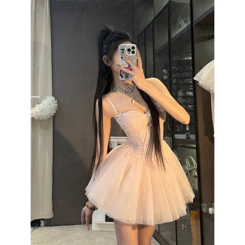 Sweet Mini Dress Women Birthday Party Mesh Patchwork Spaghetti Strap Dresses Summer Y2K Korean Fashion Bodycon Design Vestidos