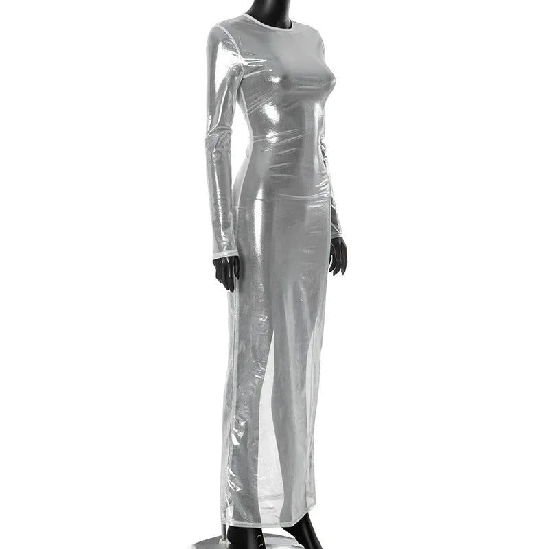 Crew Neck Sheer Mesh Shimmer Long Sleeve Bodycon Maxi Dress