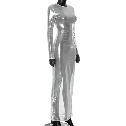 Crew Neck Sheer Mesh Shimmer Long Sleeve Bodycon Maxi Dress