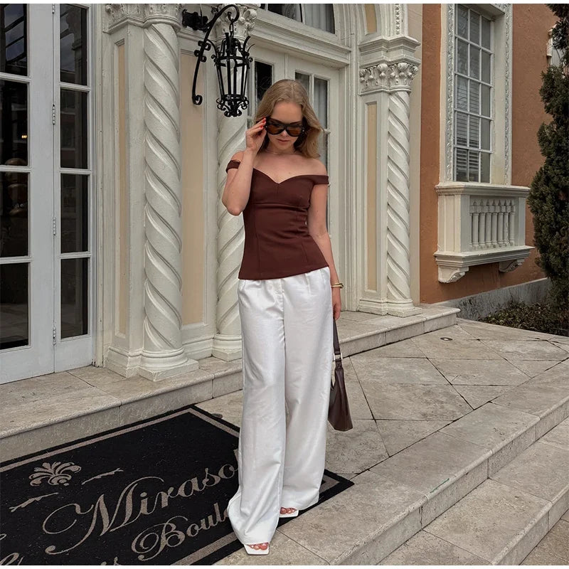 Women's Suit Solid Off Shoulder Backless Waist Cinching Sleeveless Top Straight Trousers Female 2 Pieces Summer Matching Sets