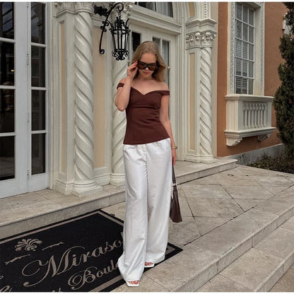Women's Suit Solid Off Shoulder Backless Waist Cinching Sleeveless Top Straight Trousers Female 2 Pieces Summer Matching Sets