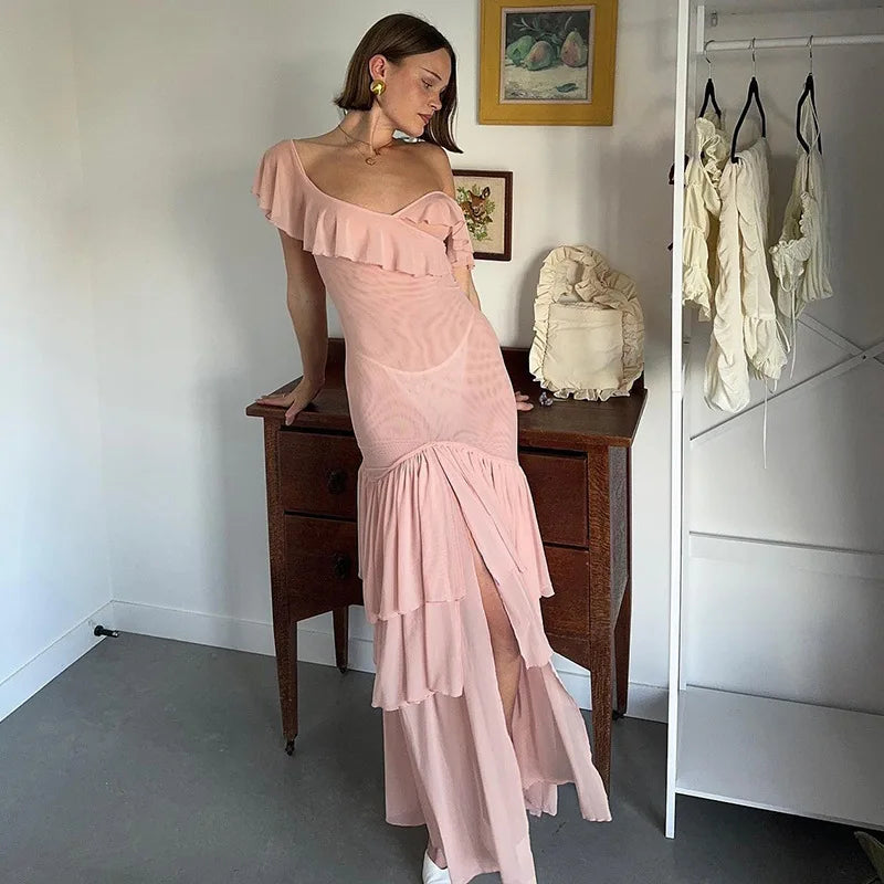 Mesh Patckwork Ruffled Edge Tank Maxi Dress Women V-neck Backless Irregular Waist Cinching Slim Long Dress Party Clubwear