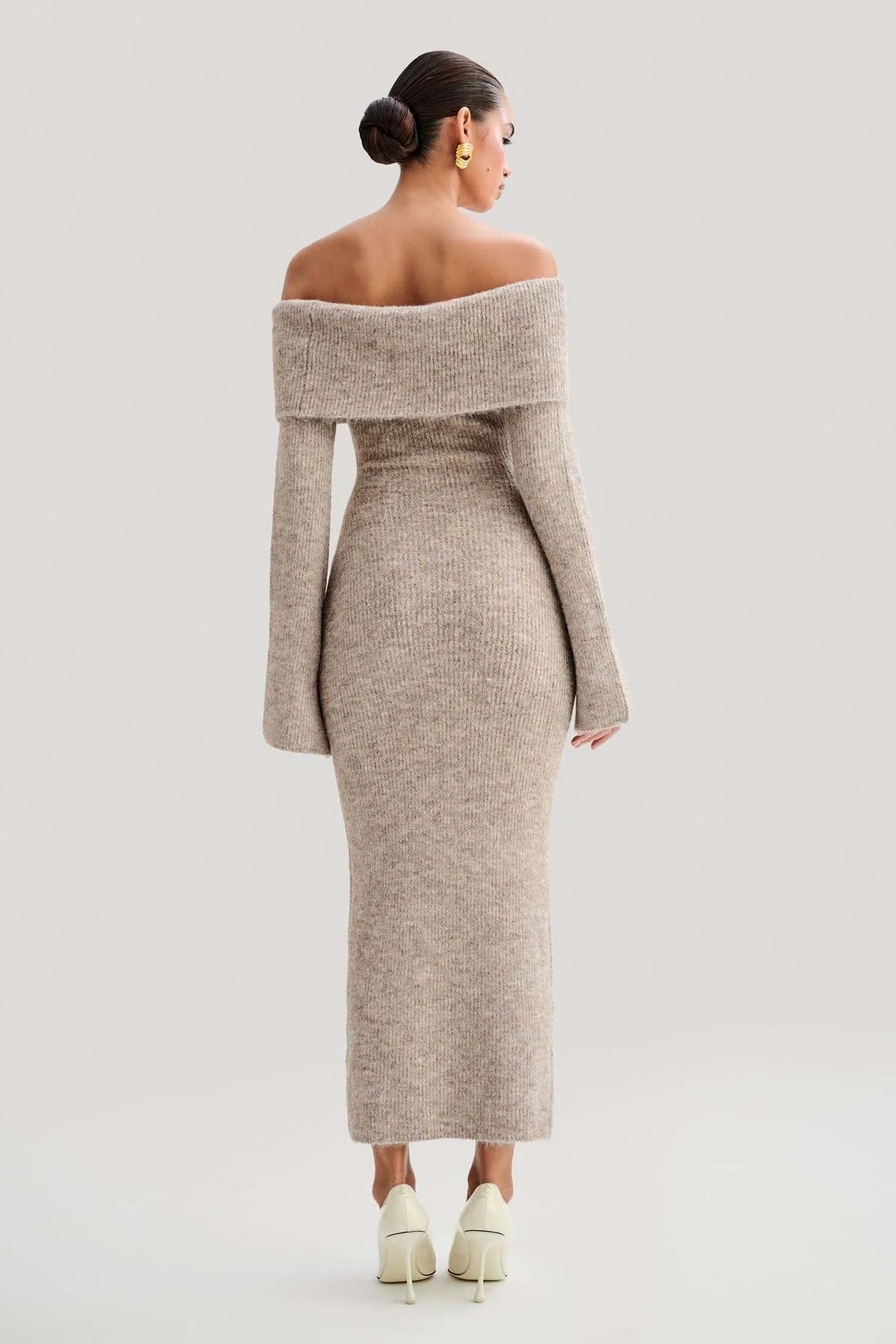 Off Shoulder Rib Knit Fold Over Collar Bodycon Maxi Dress