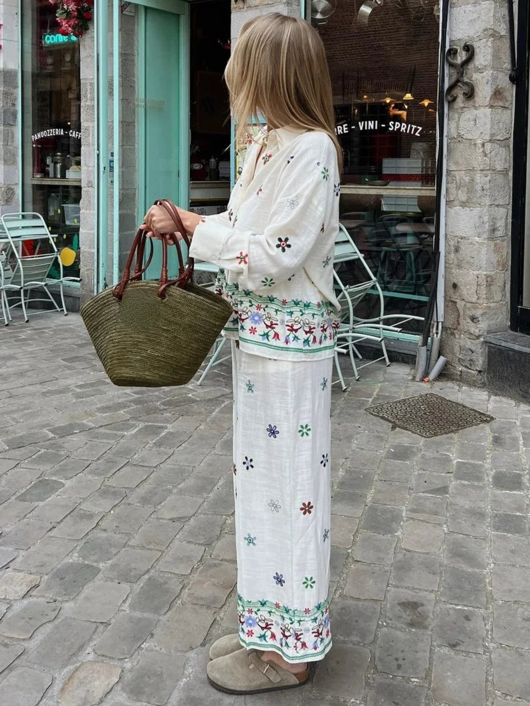 Holiday Embroidery Floral Shirts Women Blouses Suit Tops Two Piece Sets with Button 2024 Summer Vintage Elegant Woman Pant Suit