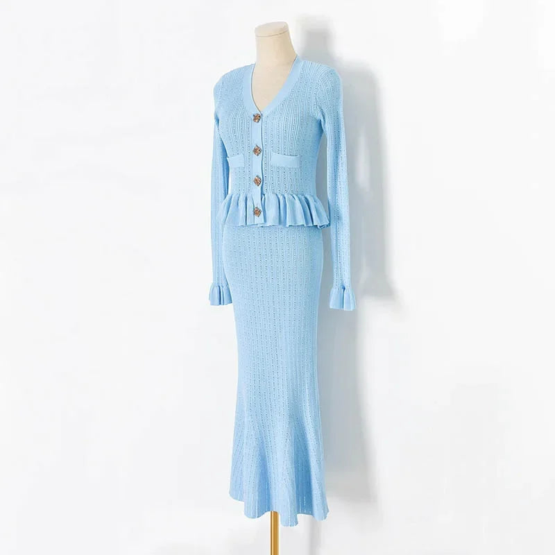 Ribbed Knit Ruffle Hem Button Front Cardigan and Mermaid Midi Skirt Set