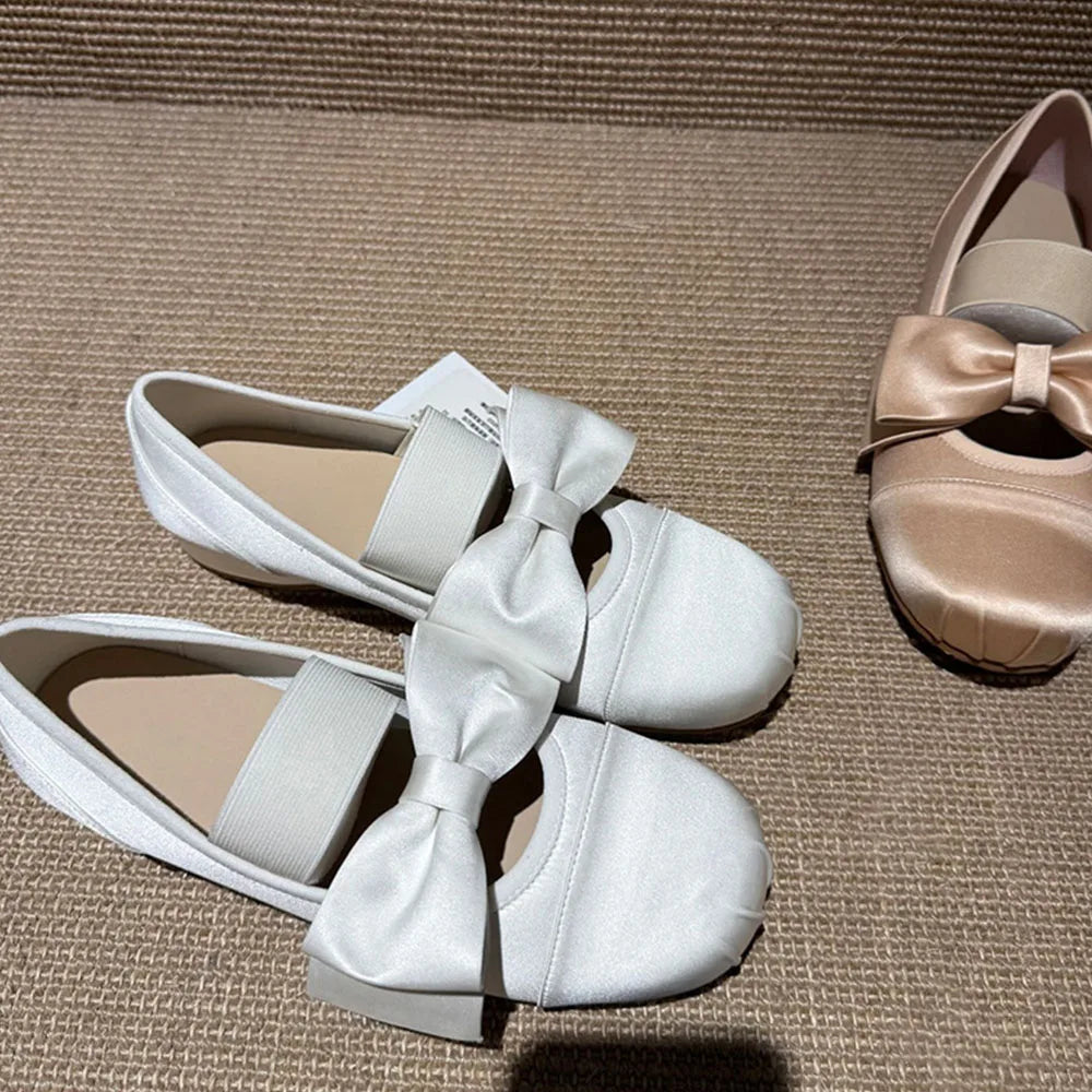 Women's Bow Mary Jane Shoes Square Satin Low Heel Flat Shoes Elegant Strap Ladies Pumps for Wedding Office Daily Wear Shoes