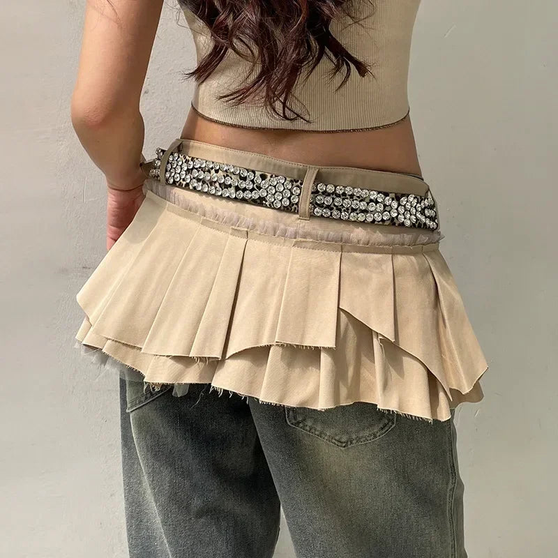 Rhinestone Belts Sexy Y2K Irregular Layered Mesh Cargo Skirts for Womens Summer Fashion High Waist Micro Mini Skirt Female