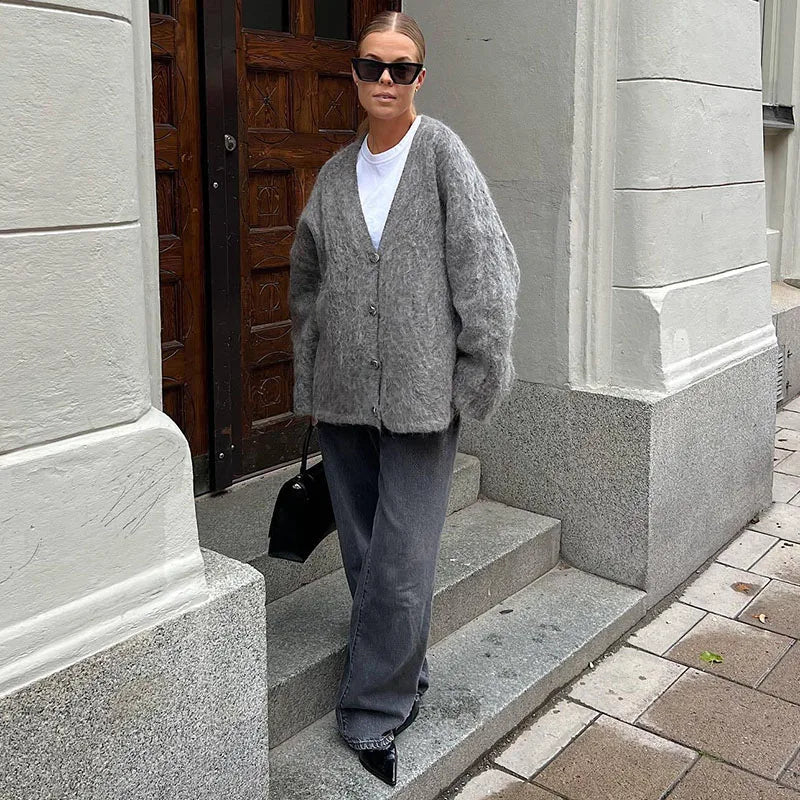 Knitted Cardigans Women Single Breasted Chic V-neck Loose Long Sleeve Sweater Winter Gray All-match Coat Tops