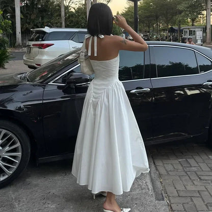 Sexy Deep V Hollow Halterneck Large Hem Dress For Women Solid High Waisted Backless Splice Summer New Vacation Long Dress