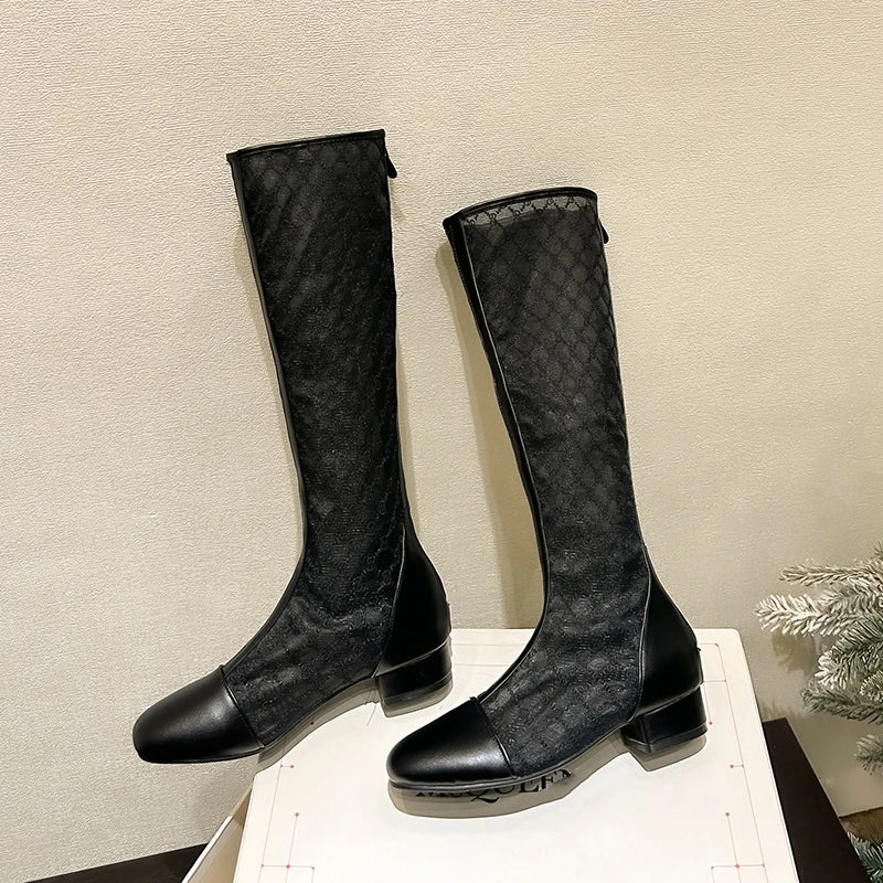 Knee High Mesh Hollow Out Lace Women Boots Round Toe Low Heels Solid Color New Fashion Elegant Concise Sweet Sexy Female Shoes