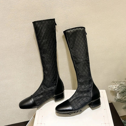Knee High Mesh Hollow Out Lace Women Boots Round Toe Low Heels Solid Color New Fashion Elegant Concise Sweet Sexy Female Shoes