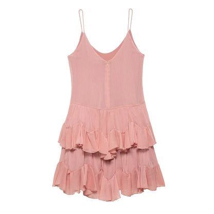 Women's Sweet Chic Suspender Dress Pink Solid Layered Zipper Mini Dress Fashion Spring Summer Holiday Beach Party Dress