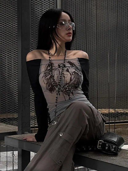 Knitted Mesh Character Print Sheer Top