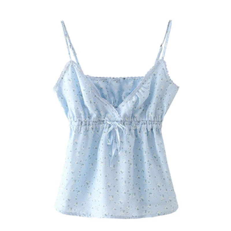 Casual Women Blue V Neck Lace Drawstring Slim Camisole Summer Fashion Ladies Spice Female Knitted Sleeveless Top