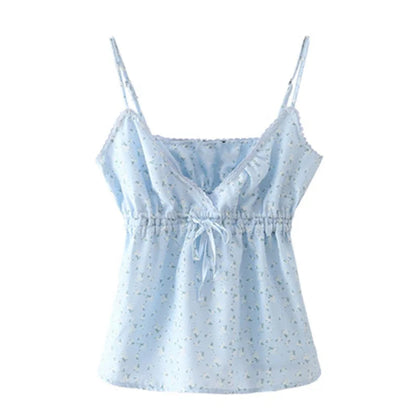 Casual Women Blue V Neck Lace Drawstring Slim Camisole Summer Fashion Ladies Spice Female Knitted Sleeveless Top