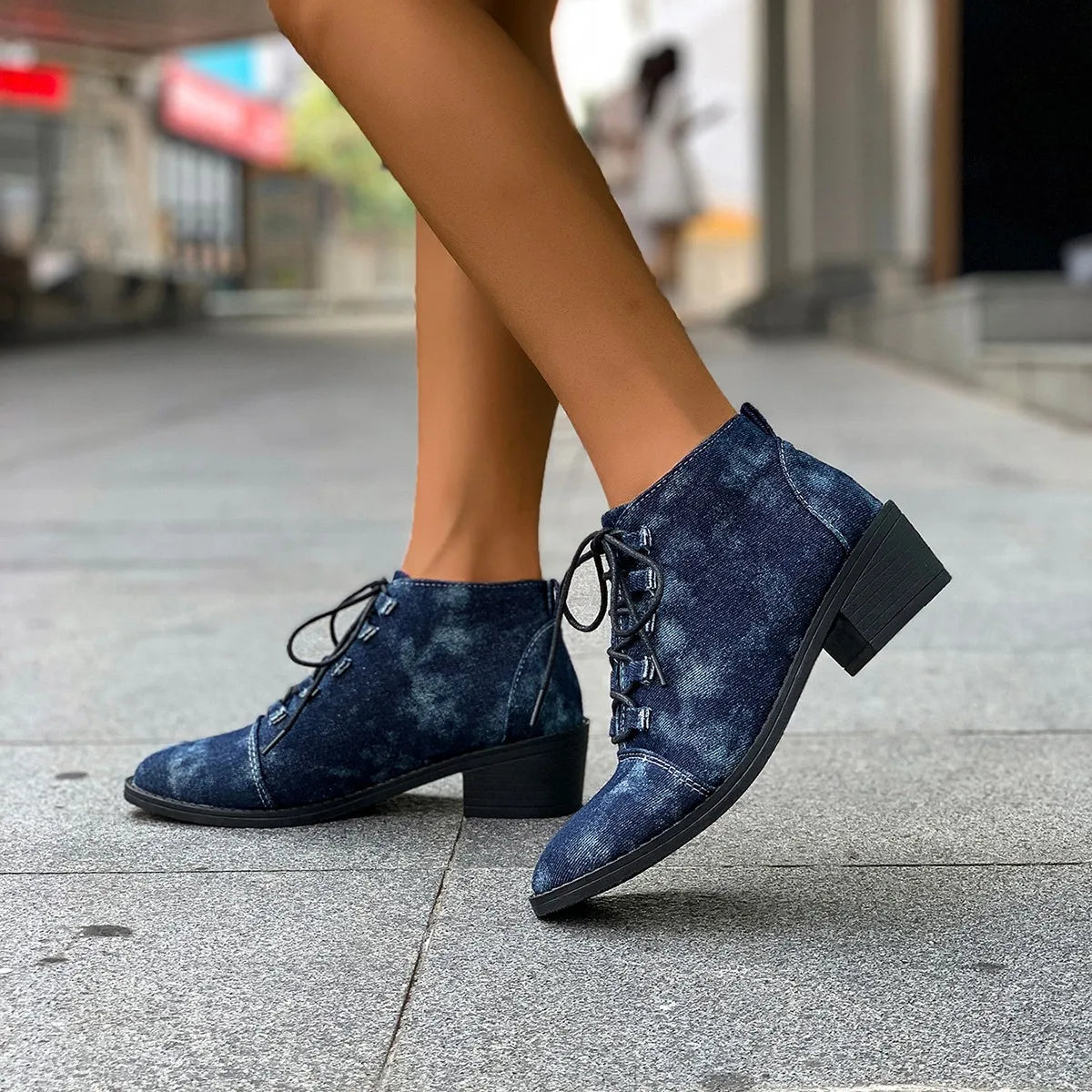 Womens Pointed Toe Denim Jeans Ankle Boots Lace Up Chunky Heel Casual Motorcycle Shoes Retro Plus Size NEW