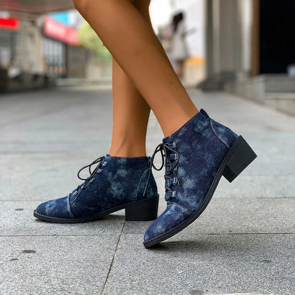 Womens Pointed Toe Denim Jeans Ankle Boots Lace Up Chunky Heel Casual Motorcycle Shoes Retro Plus Size NEW