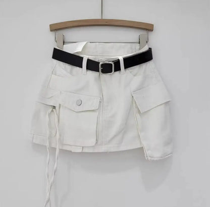 Y2K Low Waist 3D Pockets Mini Denim Skirt With shorts lining Sexy Rope Bow Side Package Hips Short Skater Light blue gray white