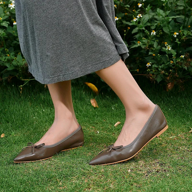 Women Flats French Style Sheepskin Ballets Woman Simple Shoe Spring Autumn Retro Pumps Flat Heel Square Toe Bowtie Footwear