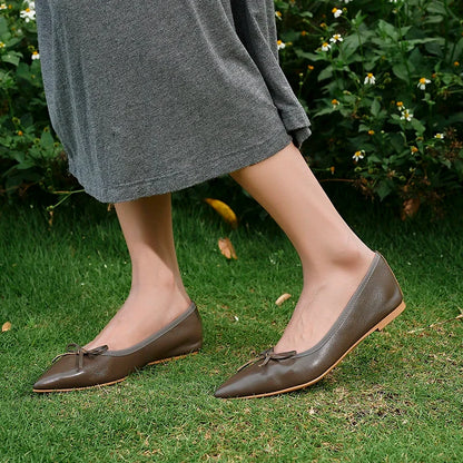 Women Flats French Style Sheepskin Ballets Woman Simple Shoe Spring Autumn Retro Pumps Flat Heel Square Toe Bowtie Footwear