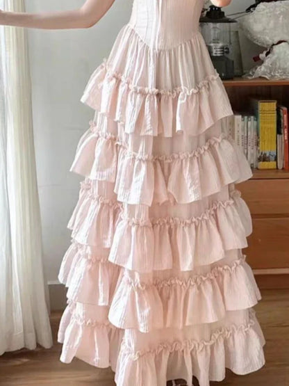 New French V-Neck Elegant Women Dress Sweet Lace Patchwork Strap Slim Waist Long Dress Casual Female Chic Holiday Outfits Summer