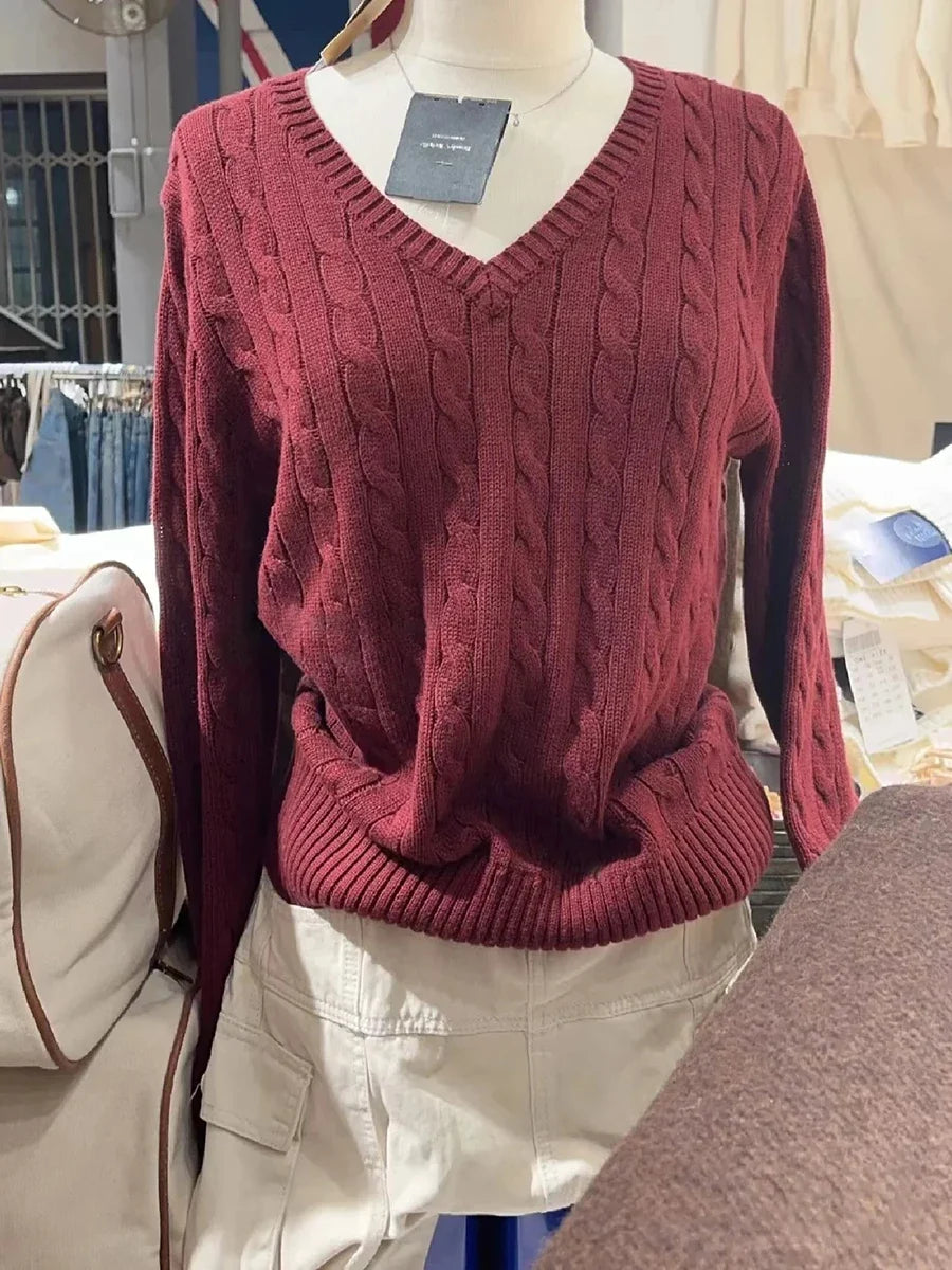 Vintage Twisted Floral V-neck Knit Sweater Women Cotton Warm Slim Preppy Style Solid Pullovers Tops Sweet Chic Cute Jumpers Y2K
