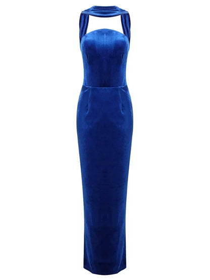Velvet Halter Collar Strapless Bodycon Maxi Gown