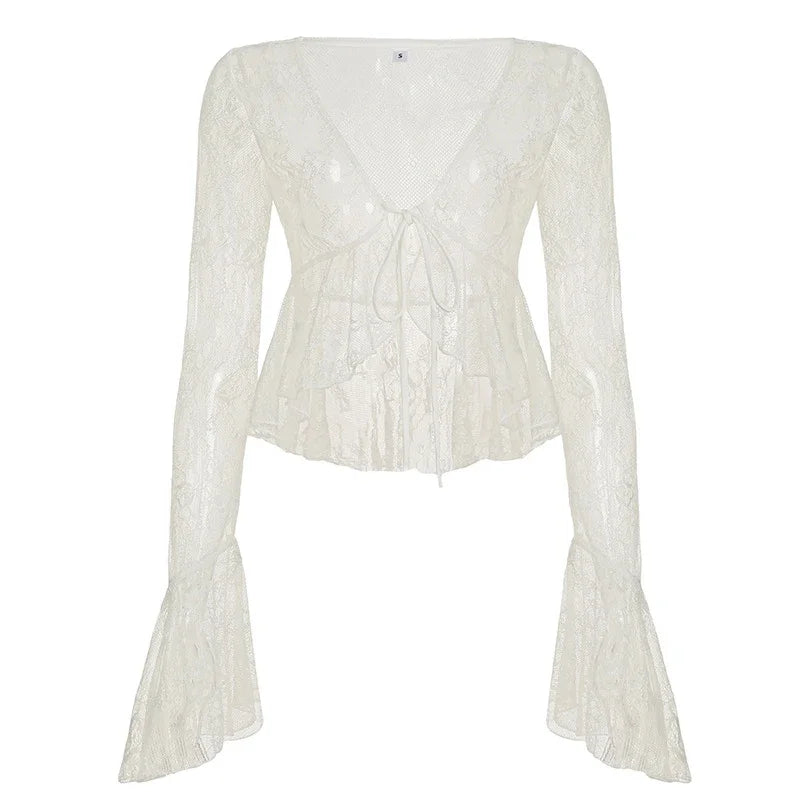 Sexy Ruffle Top Lace Skirt Set Women Loose Lace Up Flare Sleeve Tops See Through Long Skirts 2025 Summer Lady Party Solid Suits
