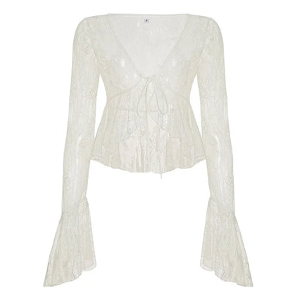 Sexy Ruffle Top Lace Skirt Set Women Loose Lace Up Flare Sleeve Tops See Through Long Skirts 2025 Summer Lady Party Solid Suits