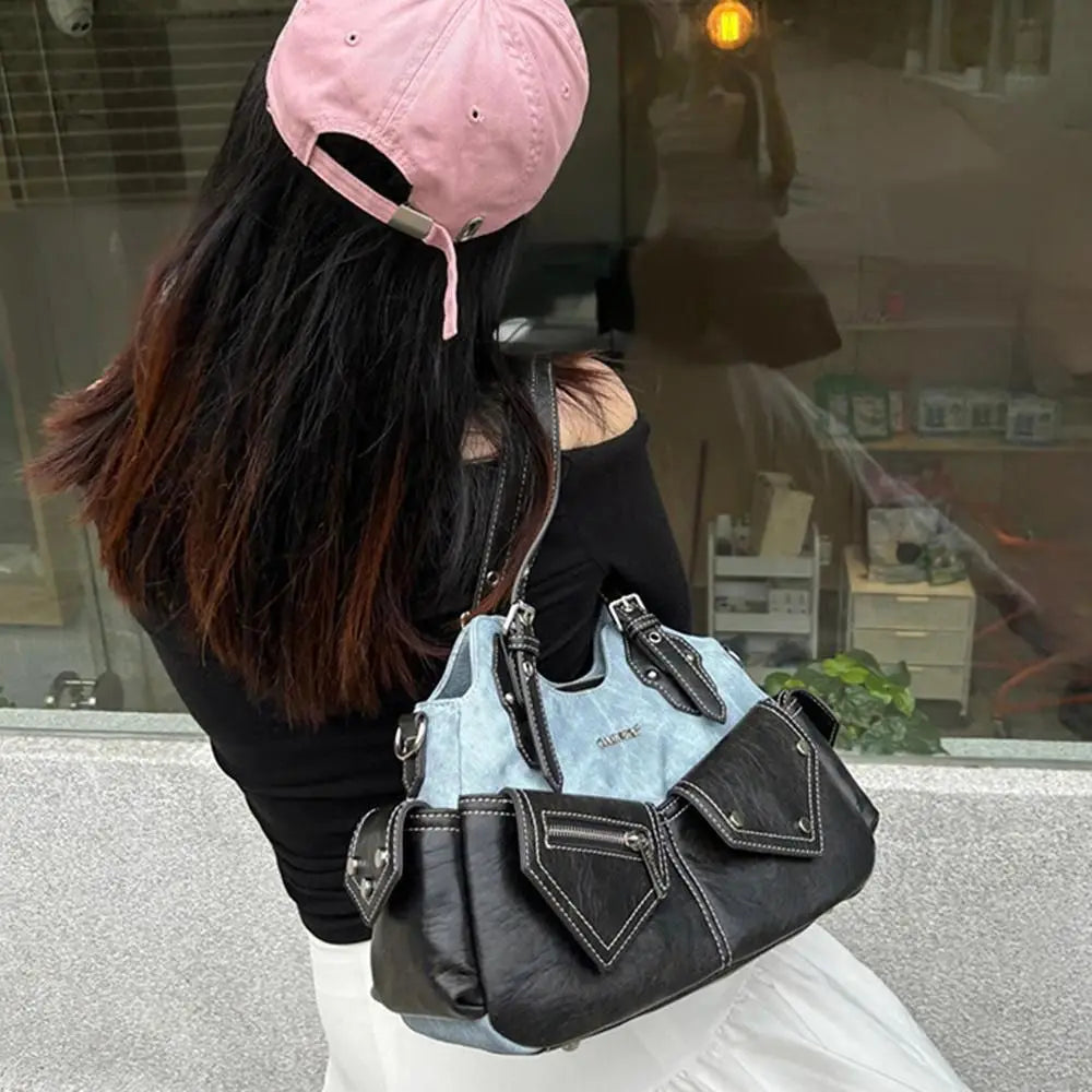 Women's Fashion PU Leather Shoulder Bag Large Capacity Crossed Color Cowboy Backpack Multifunctional Underarm Bag Casual Outing