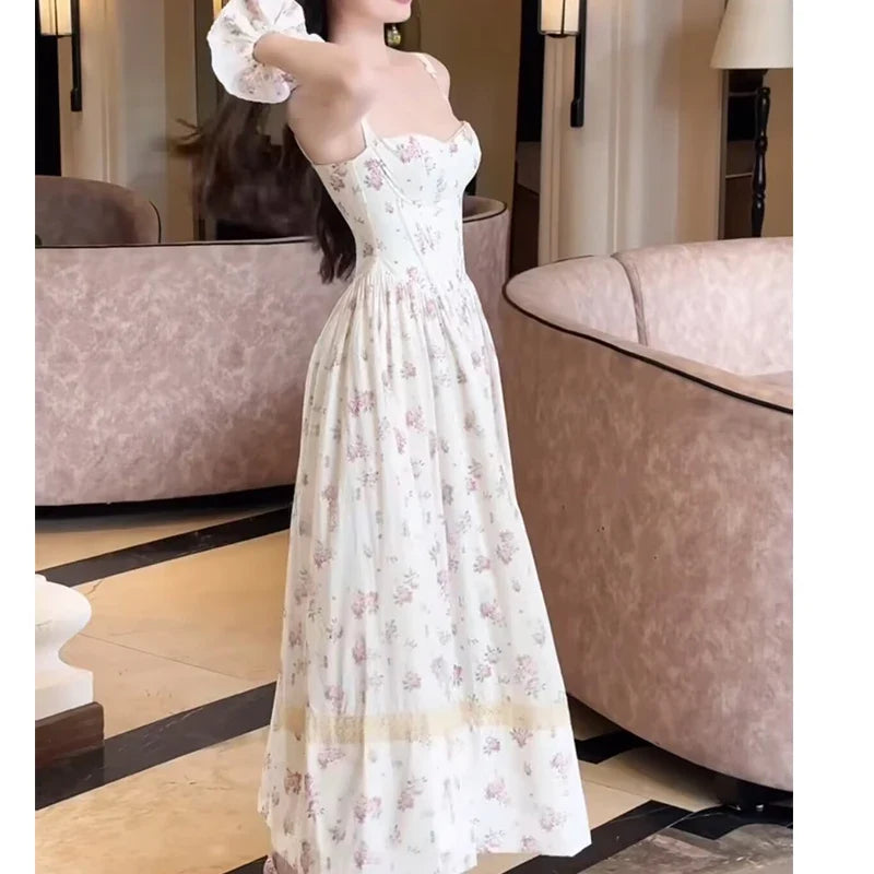 New 2025 Women Floral Print Elegant Sling Long Dress Sexy Thin Straps Hem Slit A-line Summer Holiday Dresses