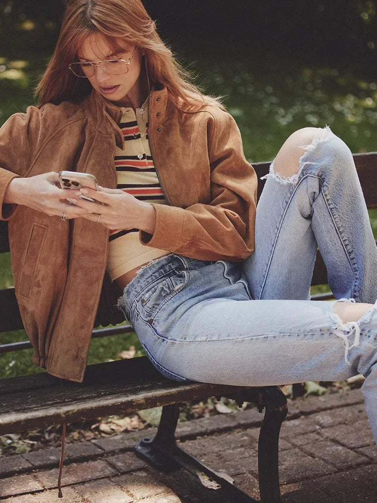 Casual Long Sleeve Stand Collar Female Coats Vintage Suede Zipper Jacket for Women Autumn New Lady Pockets Outerwear Street