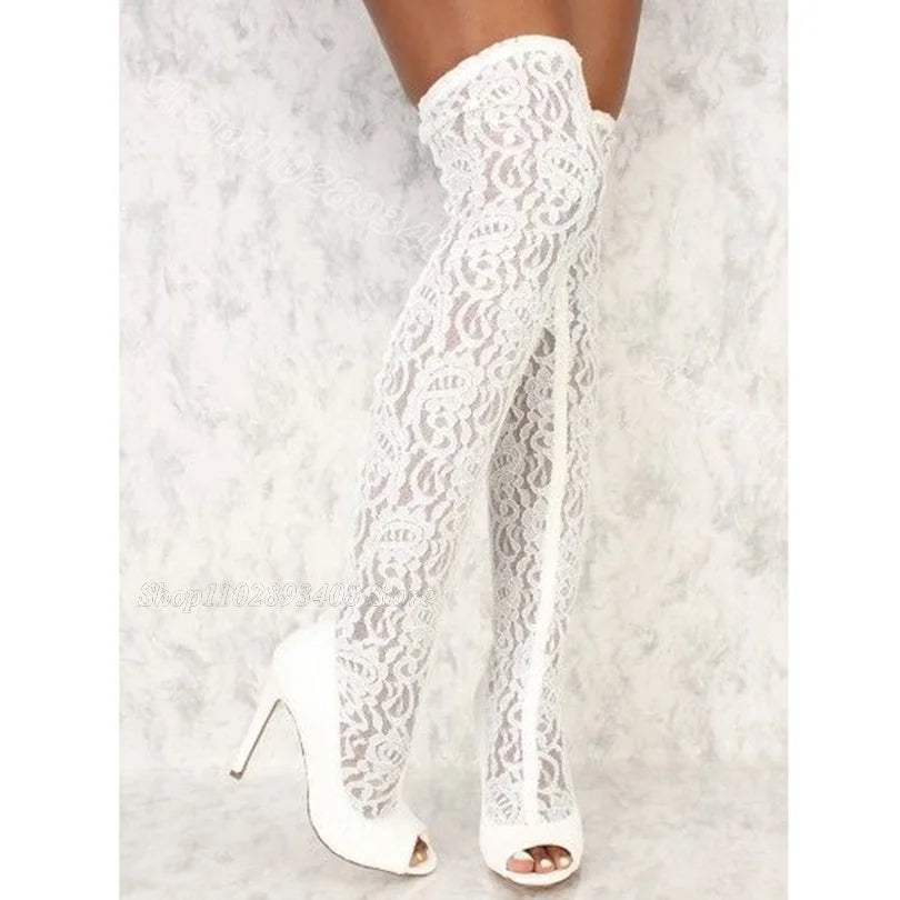 White Air Mesh Lace Sexy Boots Splicing Pointed Toe Solid British Style Dress Party Women Over Knee Boots Zapatos Para Mujere