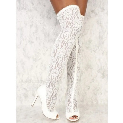 White Air Mesh Lace Sexy Boots Splicing Pointed Toe Solid British Style Dress Party Women Over Knee Boots Zapatos Para Mujere