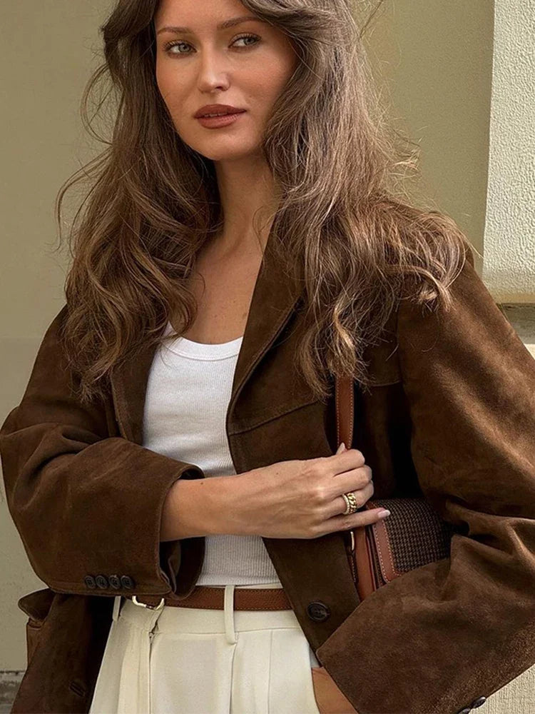 Casual Brown Cropped Lapel Women's Jacket Fashion Single Breasted Long Sleeve Loose Coat New Winter Chic Female Streetwear