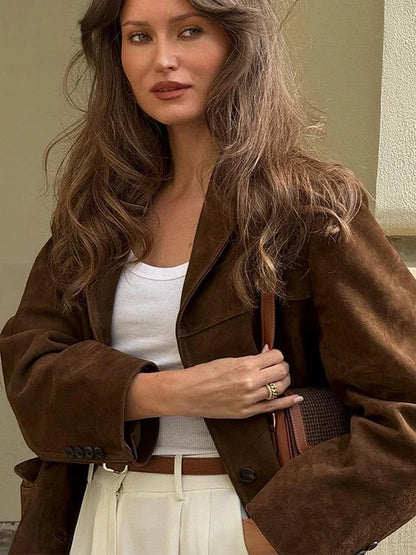 Casual Brown Cropped Lapel Women's Jacket Fashion Single Breasted Long Sleeve Loose Coat New Winter Chic Female Streetwear