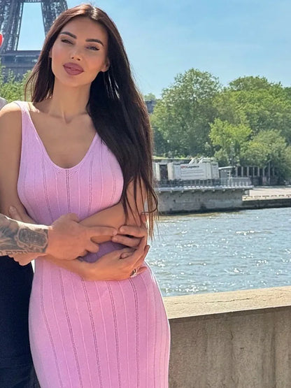 Plunging V-Neck Wide Strap Ribbed Pointelle Knit Bodycon Maxi Dress