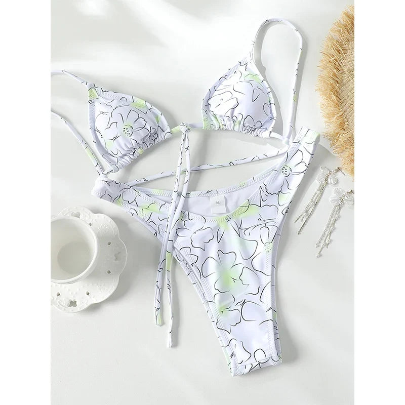 2024 Swimsuit Bikini Sets Print Bikinis Brazilian Biquinis String Women Swimwear Bandage Bathing Suit Sexy Beachwear