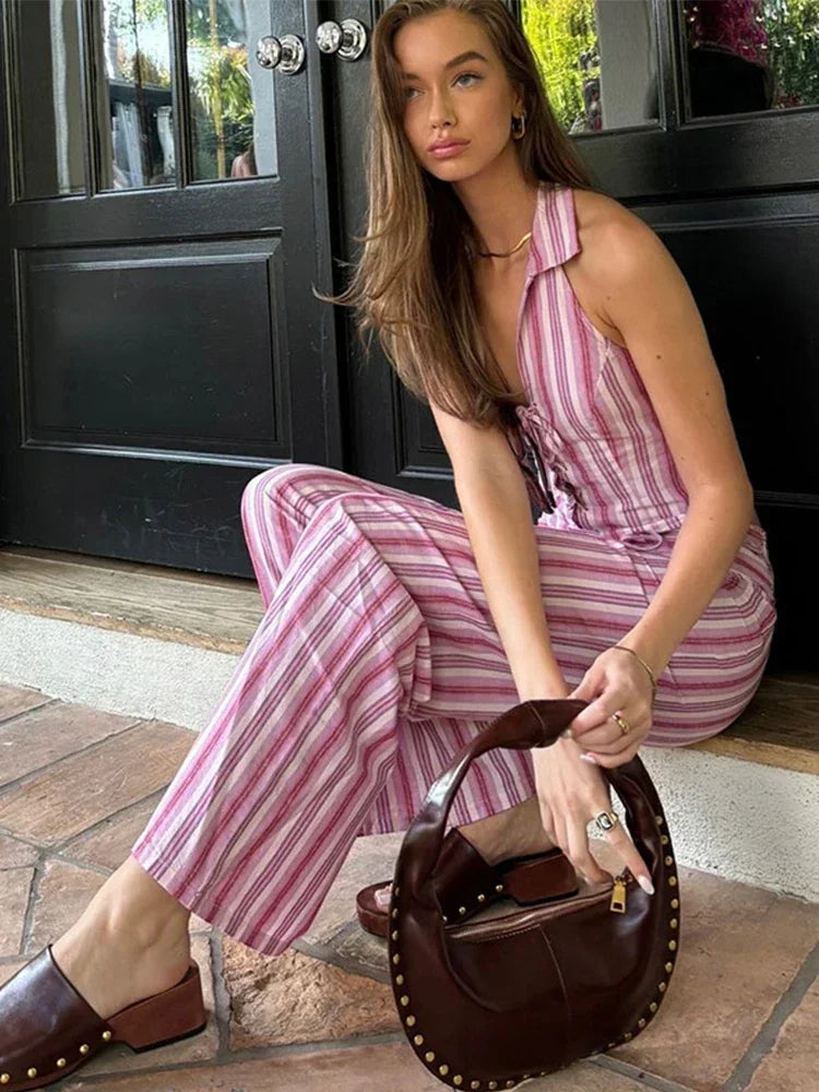 Striped Lace Up Backless Two Piece Pants Set