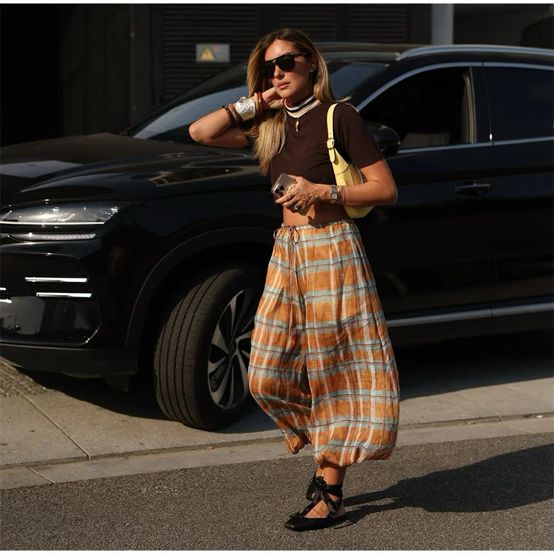 Retro Plaid Loose Jogger Pant Women Chic Casual Drawstring Long Pants Female 2025 Autumn Versatile Fashion Street Trousers