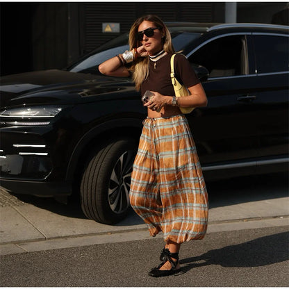 Retro Plaid Loose Jogger Pant Women Chic Casual Drawstring Long Pants Female 2025 Autumn Versatile Fashion Street Trousers