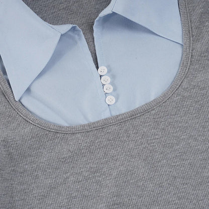 Korean Preppy Style Grey Dress Women's Patchwork Lapel Collar Button Long Sleeve Slim Fake Two-Piece Pleated Mini Dress