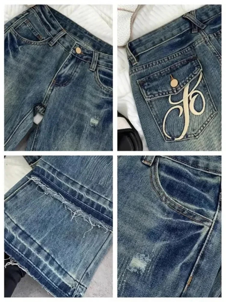 American Retro Low Waisted Jeans Female Spring New Embroidery Old Casual Fashion Slim Pants Korean Elegant Bell Long Pants 2025
