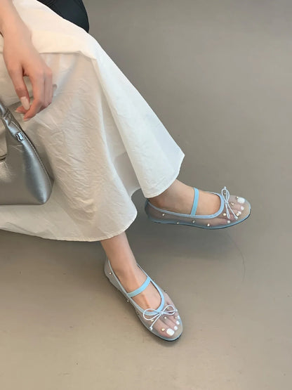 Water diamond mesh breathable shallow mouth single shoe for women's summer outdoor wear 2025 new flat bottomed bow ballet shoes