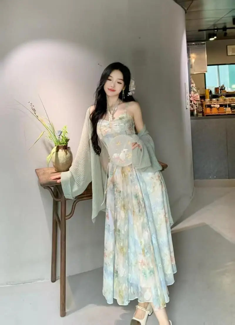 New Design Large Size Women's Dress Set Neck Hanging Strap Dress Meat Hiding Cardigan Unique And Beautiful Casual Wear