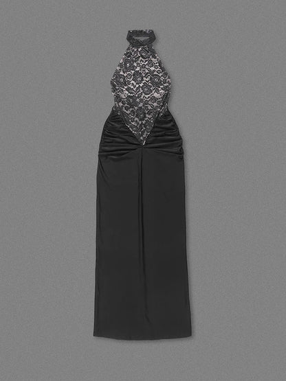Halter Neck Floral Lace Bodice Column Maxi Dress