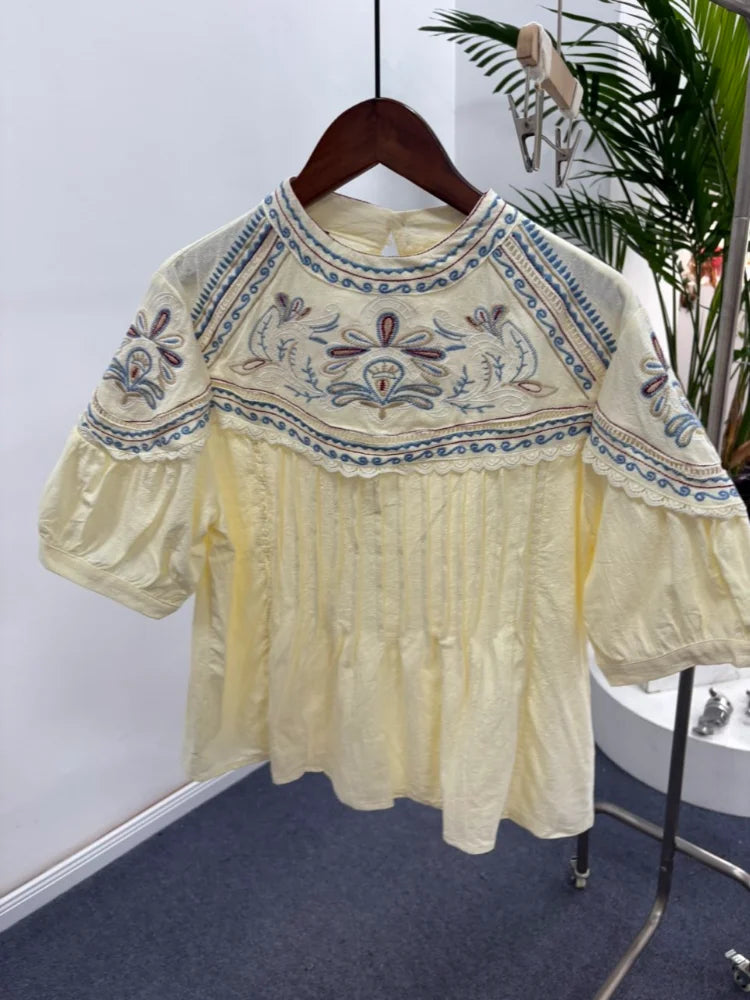 Floral Embroidered 2 Piece Short Sleeve Loose Top High Waist Summer Bohemian Beach Vacation Resort Loungewear Co-ord Set